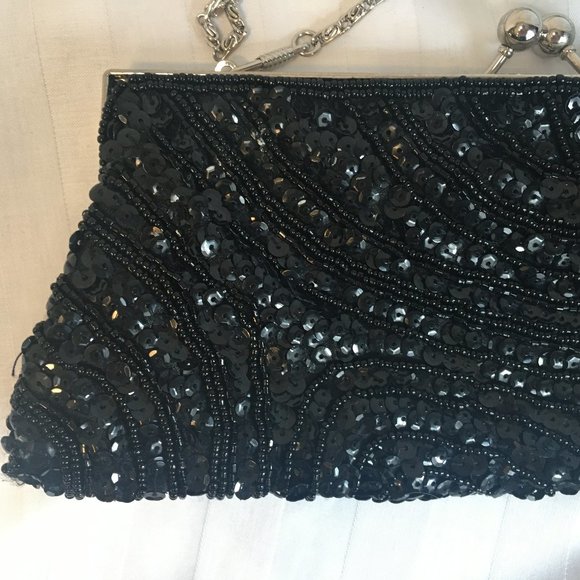RACHEL Hand Beaded Clutch Purse Evening Bag Sequins Beads Cocktail Grad Black - Picture 2 of 11